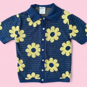 Massive Luxury Navy & Yellow Daisy Knit 100% Cotton Button Up Sweater Size S